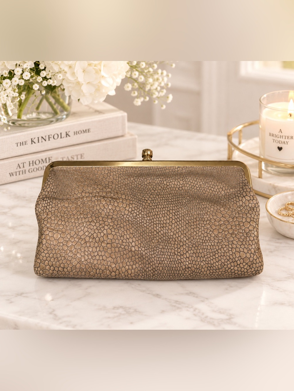 HOBO Taupe Snakeskin Embossed Leather Frame Clutch Wallet